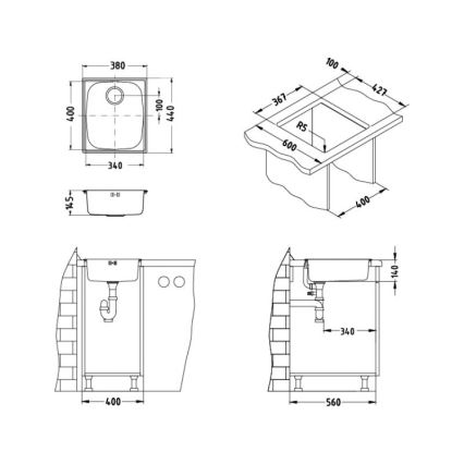 ALVEUS 1082195 - Kuchyňský dřez BASIC 44x38 cm matná ocel/satin, velká výpusť