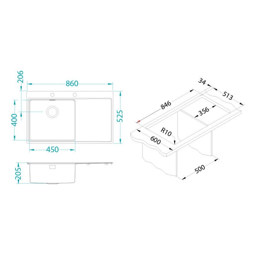 ALVEUS 1103652 - Kuchyňský dřez PURE 86x52,5 cm satin, levý