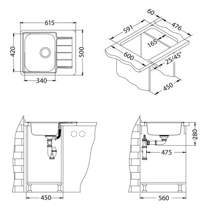 ALVEUS 1144603 - Kuchyňský dřez LINE 61,5x50 cm nerez/satin, bez excentru