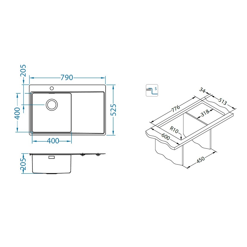 ALVEUS 1149516 - Kuchyňský dřez PURE 79x52,5 cm satin, pravý + sifon s rychlouzávěrem