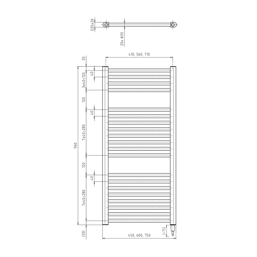 Aqualine - Koupelnový elektrický radiátor DIRECT-E 300W/230V 96 cm matná černá rovný