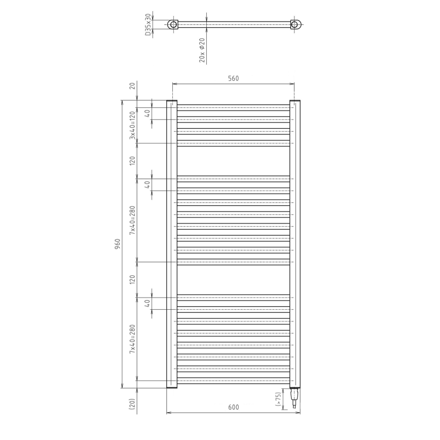 Aqualine - Koupelnový elektrický radiátor DIRECT-E 400W/230V 96 cm bílá rovný