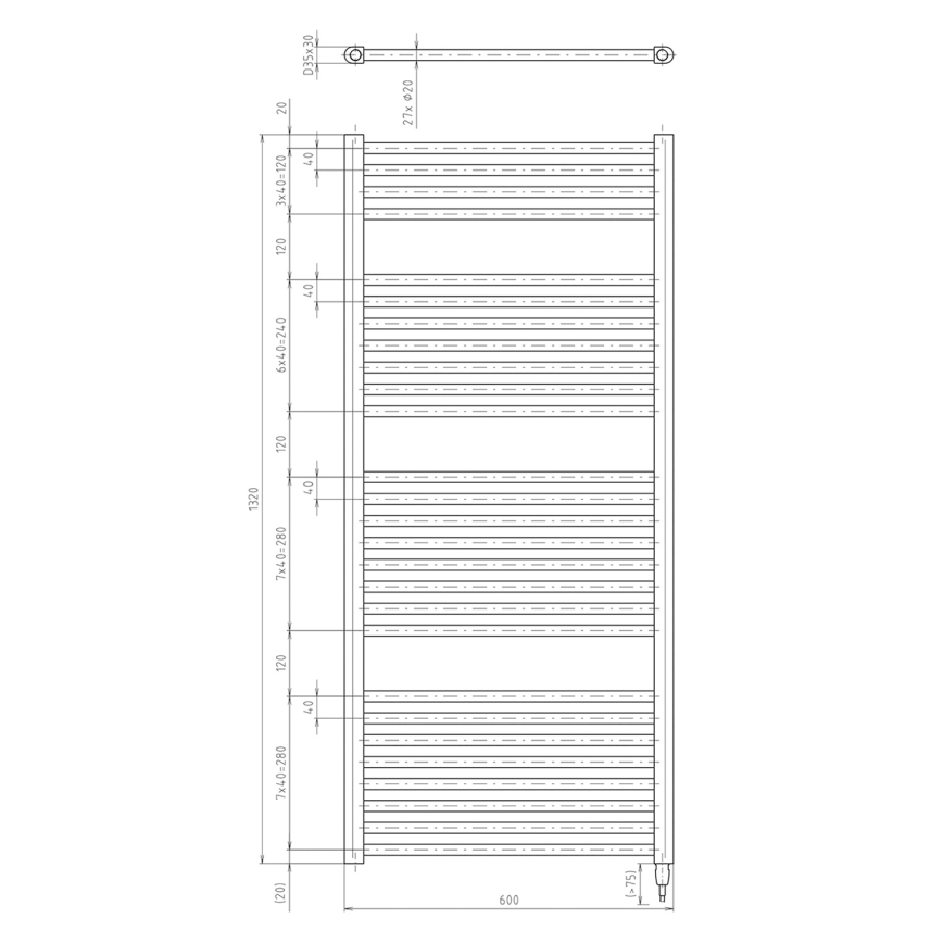 Aqualine - Koupelnový elektrický radiátor DIRECT-E 600W/230V 132 cm matná černá rovný