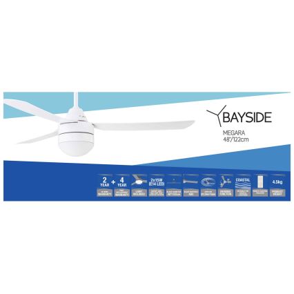 BAYSIDE 531016 - Stropní ventilátor MEGARA 2xE14/15W/230V bílá + dálkové ovládání