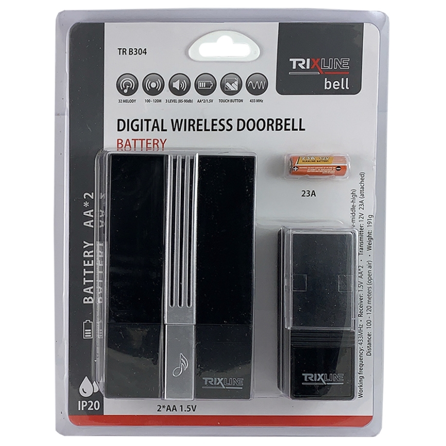 Bezdrátový zvonek BELL 1x23A + 2xAA černá