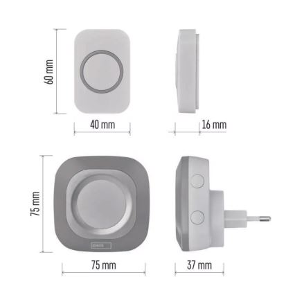 Bezdrátový zvonek do zásuvky 230V + 1xCR2032 IP44 šedá