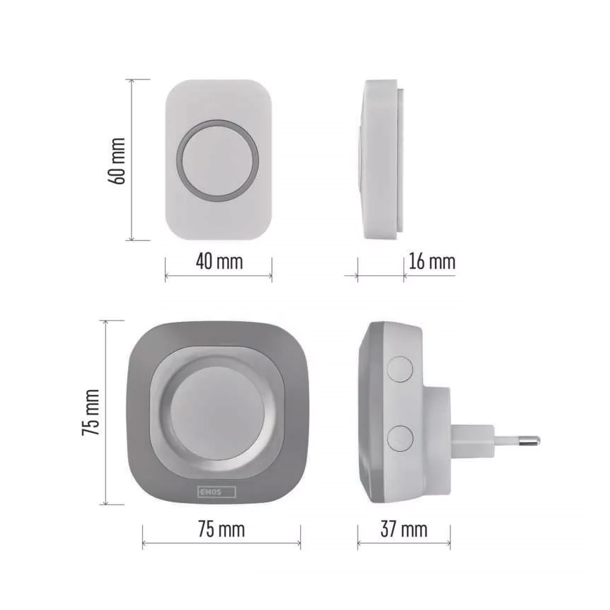 Bezdrátový zvonek do zásuvky 230V + 1xCR2032 IP44 šedá