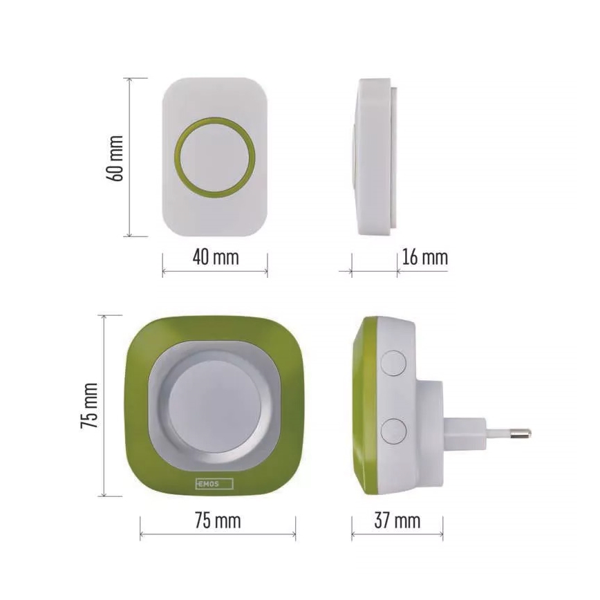 Bezdrátový zvonek do zásuvky 230V + 1xCR2032 IP44 zelená