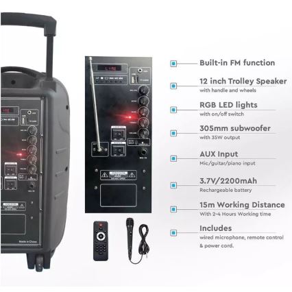 Bluetooth přenosný reproduktor s mikrofonem 35W/3,7V LED RGB + DO