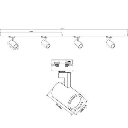 Bodové svítidlo do lištového systému LYNX 4xGU10/10W/230V + 2 x 75 cm lištový systém černá