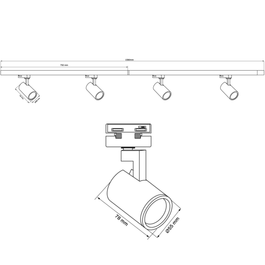 Bodové svítidlo do lištového systému LYNX 4xGU10/10W/230V + 2 x 75 cm lištový systém černá