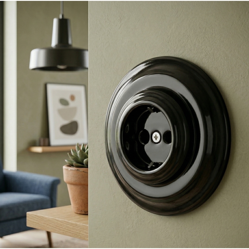 Bohemia-Design - Porcelánová retro domovní zásuvka s rámečkem SCHUKO 250V/16A černá