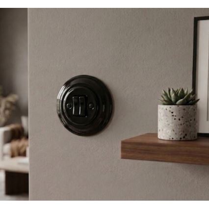 Bohemia-Design - Porcelánový retro dvojitý vypínač s rámečkem č. 5 černá