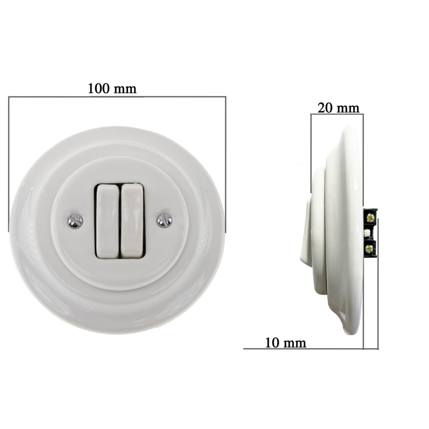 Bohemia-Design - Porcelánový retro dvojitý vypínač s rámečkem č. 6+6 bílá