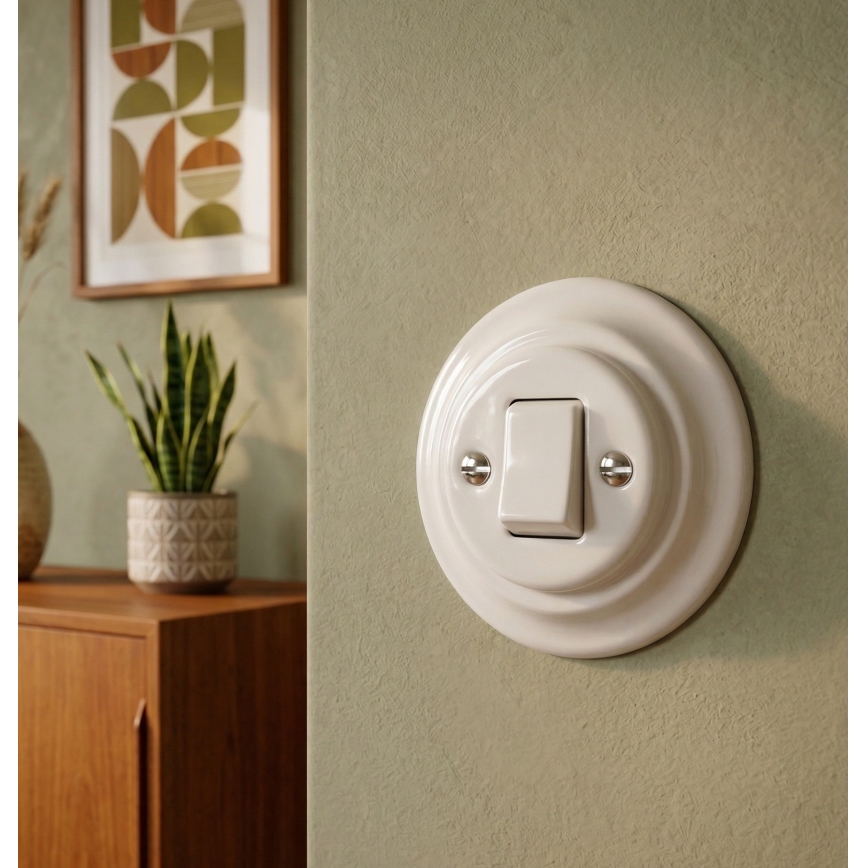 Bohemia-Design - Porcelánový retro jednoduchý vypínač s rámečkem č. 7 bílá