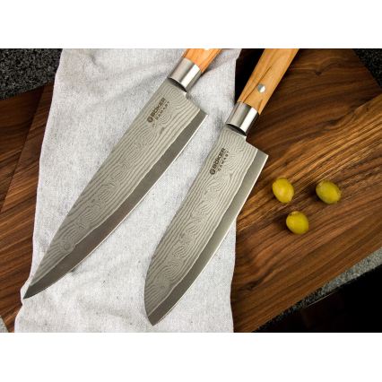 Böker - Damaškový kuchyňský nůž santoku DAMAST OLIVE 17,2 cm olivové dřevo