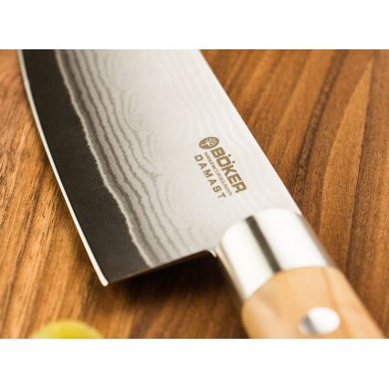 Böker - Damaškový kuchyňský nůž santoku DAMAST OLIVE 17,2 cm olivové dřevo