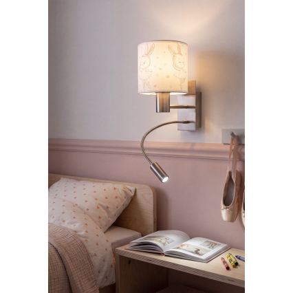 Brilagi - LED Dětská flexibilní nástěnná lampa BOBO 1xE27/25W/230V + LED/3W matný chrom/bílá/králíčci