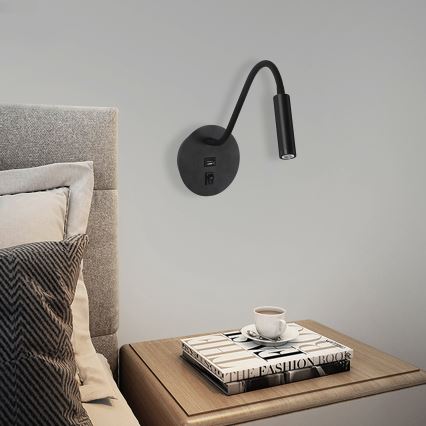 Brilagi - LED Flexibilní nástěnná lampa s USB portem MAYA LED/3W/230V 4000K černá