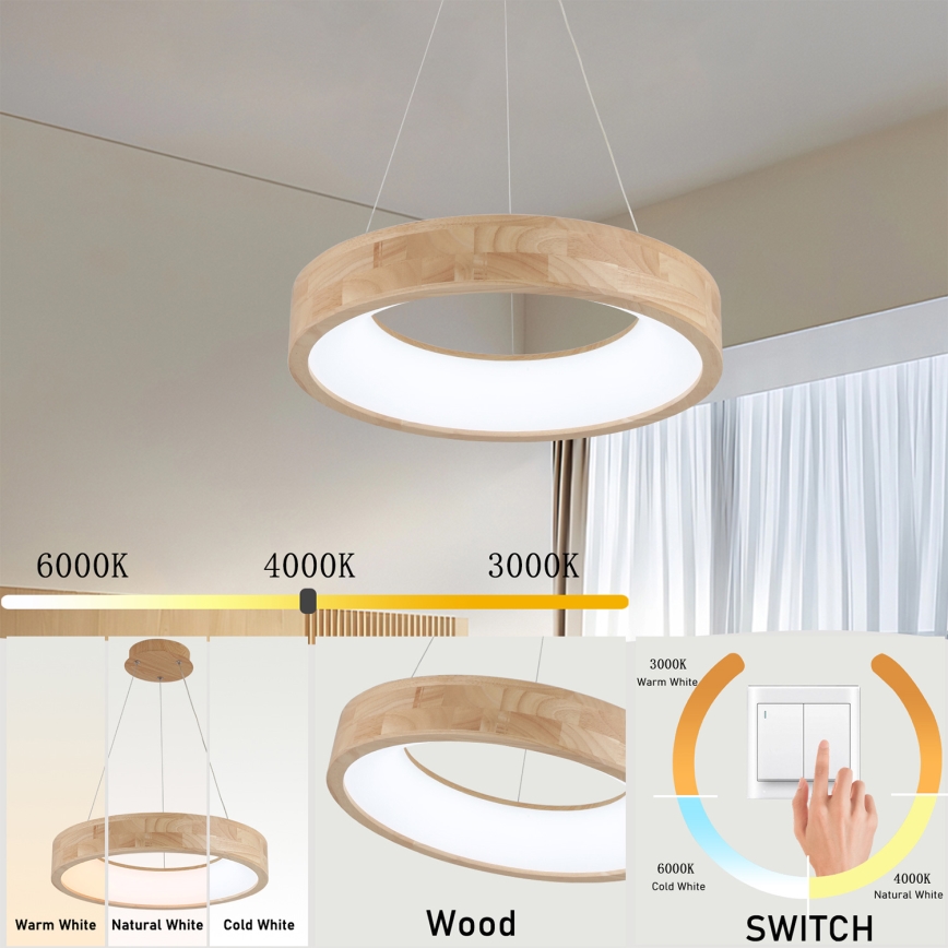 Brilagi - LED Lustr na lanku FALCON WOOD LED/30W/230V 3000/4000/6000K pr. 45 cm dřevo