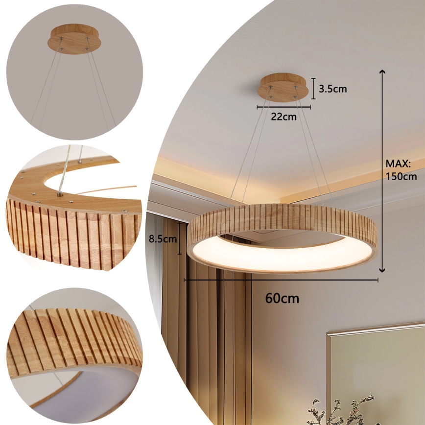Brilagi - LED Lustr na lanku FALCON WOOD MODERN LED/40W/230V 3000/4000/6000K pr. 60 cm dřevo