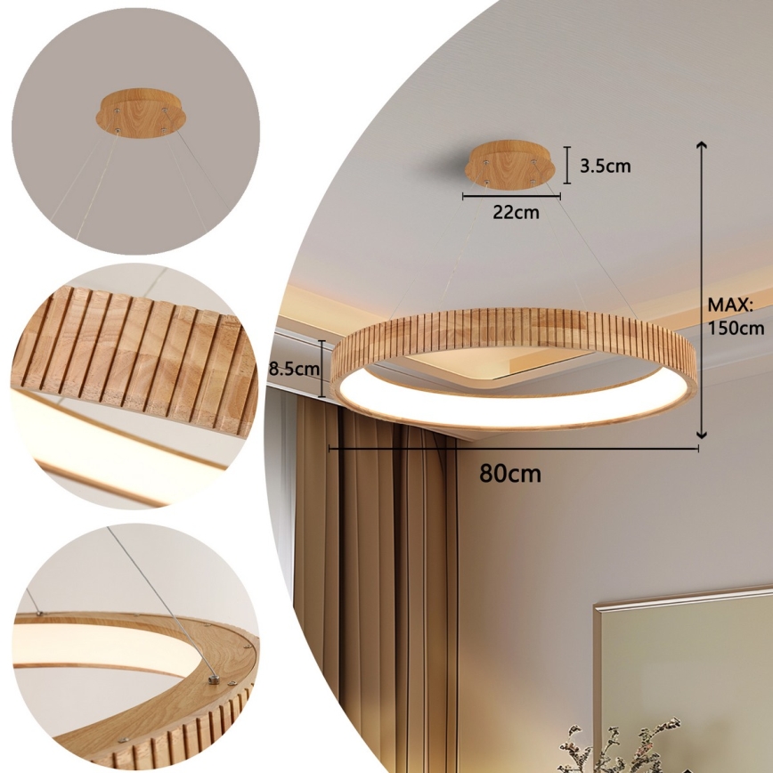 Brilagi - LED Lustr na lanku FALCON WOOD MODERN LED/60W/230V 3000/4000/6000K pr. 80 cm dřevo