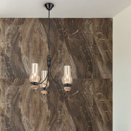 Brilagi - LED Lustr na řetězu COTTAGE 3xE14/40W/230V dub/černá/kouřová béžová