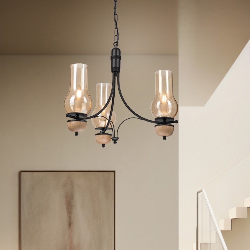 Brilagi - LED Lustr na řetězu COTTAGE 3xE14/40W/230V dub/černá/kouřová béžová