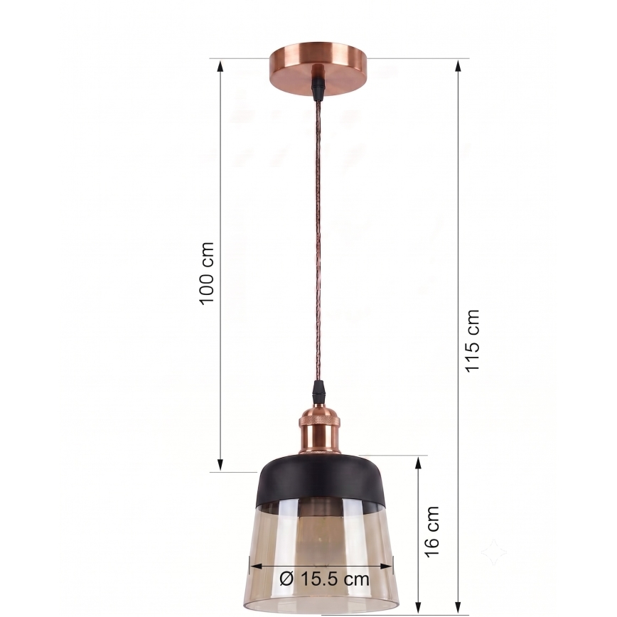 Brilagi - LED Lustr na lanku RETRO GLASS 1xE27/60W/230V pr. 15,5 cm měděná/kouřová béžová/černá