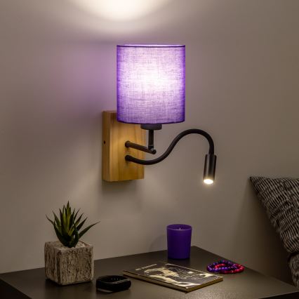 Brilagi - LED Flexibilní nástěnná lampa NUBILA WOOD 1xE27/25W/230V + LED/3W dub/fialová