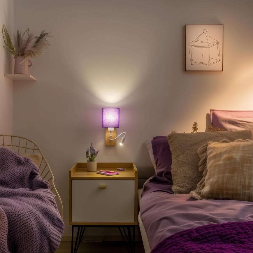 Brilagi - LED Flexibilní nástěnná lampa NUBILA WOOD 1xE27/25W/230V + LED/3W dub/fialová