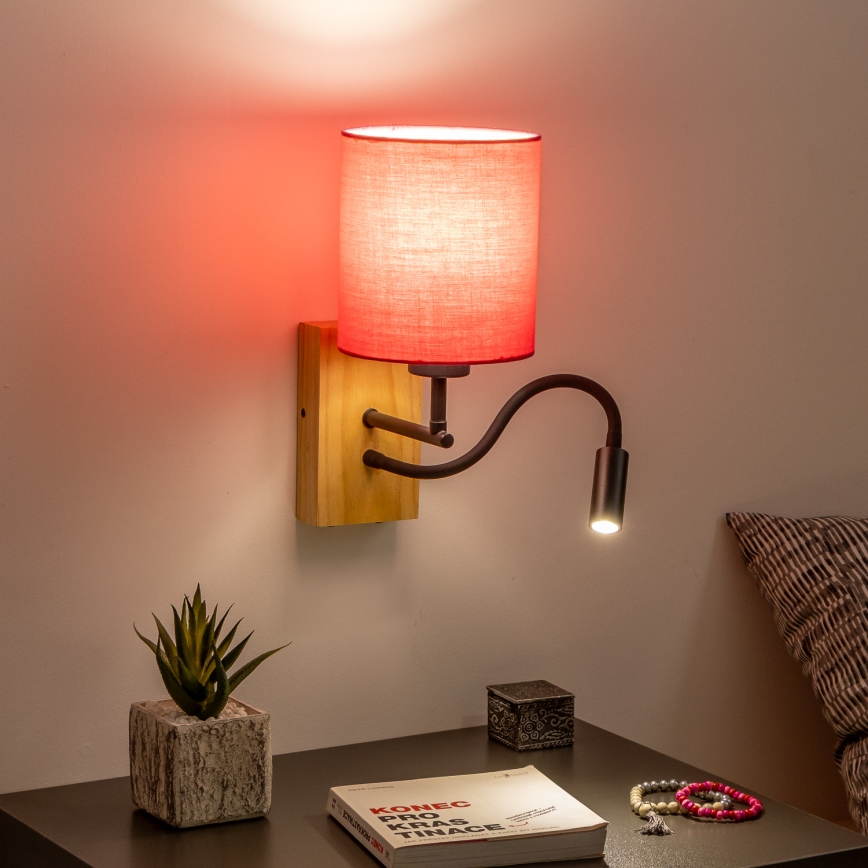 Brilagi - LED Flexibilní nástěnná lampa NUBILA WOOD 1xE27/25W/230V + LED/3W dub/růžová