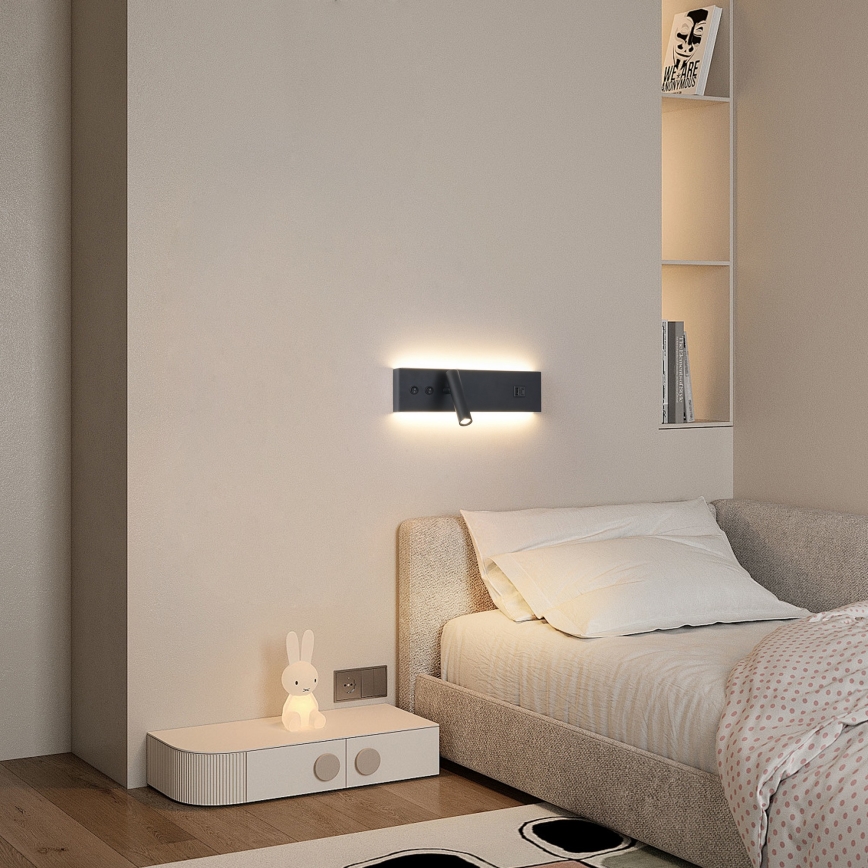 Brilagi - LED Nástěnné bodové svítidlo s USB portem NOCTIS LED/3W/230V + LED/9W černá