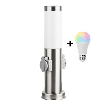 Brilagi - LED RGBW Stmívatelná venkovní lampa se 2 zásuvkami 1xE27/9W/230V 2700-6500K IP44 40 cm matný chrom