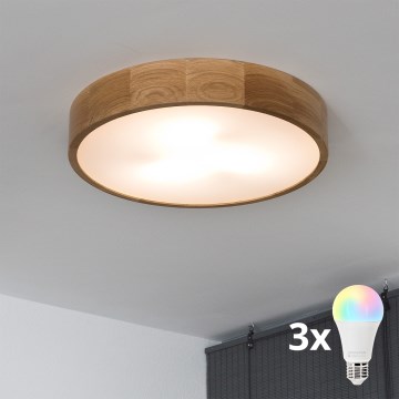 Brilagi - LED RGBW Stmívatelné stropní svítidlo CARVALHO 3xE27/9W/230V 2700-6500K Wi-Fi dub pr. 47,5 cm
