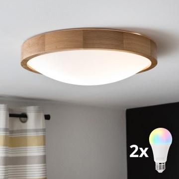 Brilagi - LED RGBW Stmívatelné stropní svítidlo CARVALHO SLIM 2xE27/9W/230V 2700-6500K Wi-Fi dub pr. 37 cm