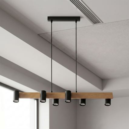 Brilagi - LED RGBW Stmívatelný lustr na lanku SELE 6xGU10/6,5W/230V 2700-6500K černá/dekor dubu + dálkové ovládání