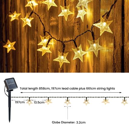 Brilagi - LED Solární dekorační řetěz STARS 50xLED/8 funkcí 7m IP65 teplá bílá 600 mAh