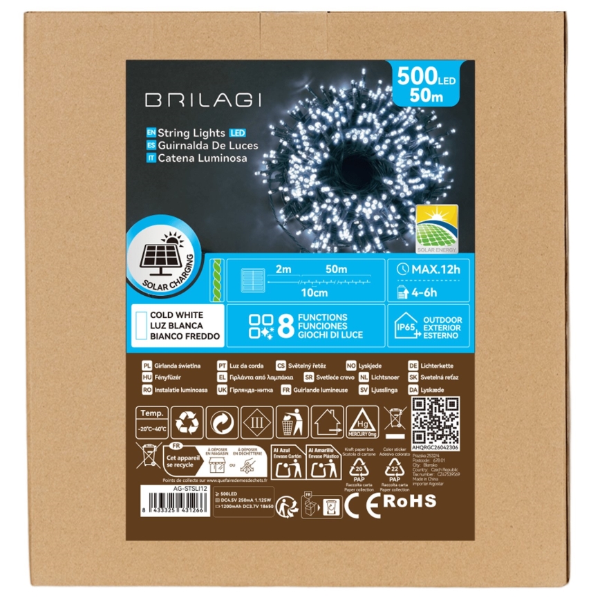 BRILAGI - LED Solární vánoční řetěz 500xLED/8 funkcí 52m 1200 mAh IP65 studená bílá
