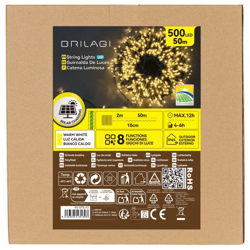 BRILAGI - LED Solární vánoční řetěz 500xLED/8 funkcí 52m 1200 mAh IP65 teplá bílá