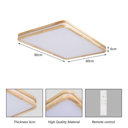 Brilagi - LED Stmívatelné stropní svítidlo MOLINA SQUARE LED/128W/230V 3000-6000K dub 90x60 cm + dálkové ovládání