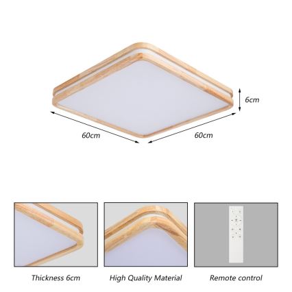 Brilagi - LED Stmívatelné stropní svítidlo MOLINA SQUARE LED/80W/230V 3000-6000K dub 60x60 cm + dálkové ovládání