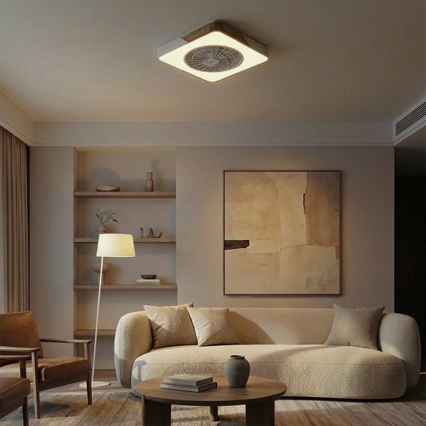 Brilagi - LED Stmívatelné stropní svítidlo s ventilátorem LED/38W/230V 3000-6500K 50x50 cm bílá/dub + dálkové ovládání