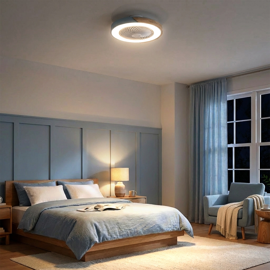 Brilagi - LED Stmívatelné stropní svítidlo s ventilátorem LED/38W/230V 3000-6500K pr. 50 cm modrá/dub + dálkové ovládání