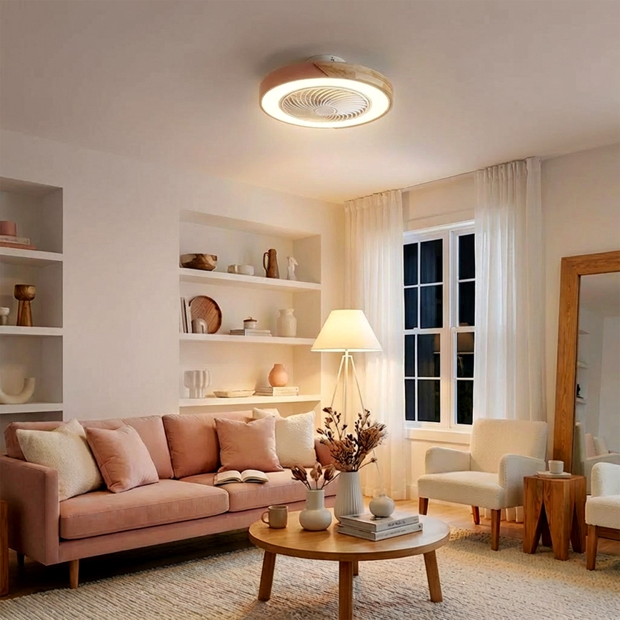 Brilagi - LED Stmívatelné stropní svítidlo s ventilátorem LED/38W/230V 3000-6500K pr. 50 cm růžová/dub + dálkové ovládání