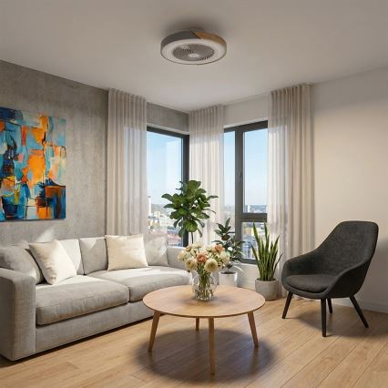 Brilagi - LED Stmívatelné stropní svítidlo s ventilátorem LED/38W/230V 3000-6500K pr. 50 cm šedá/dub + dálkové ovládání