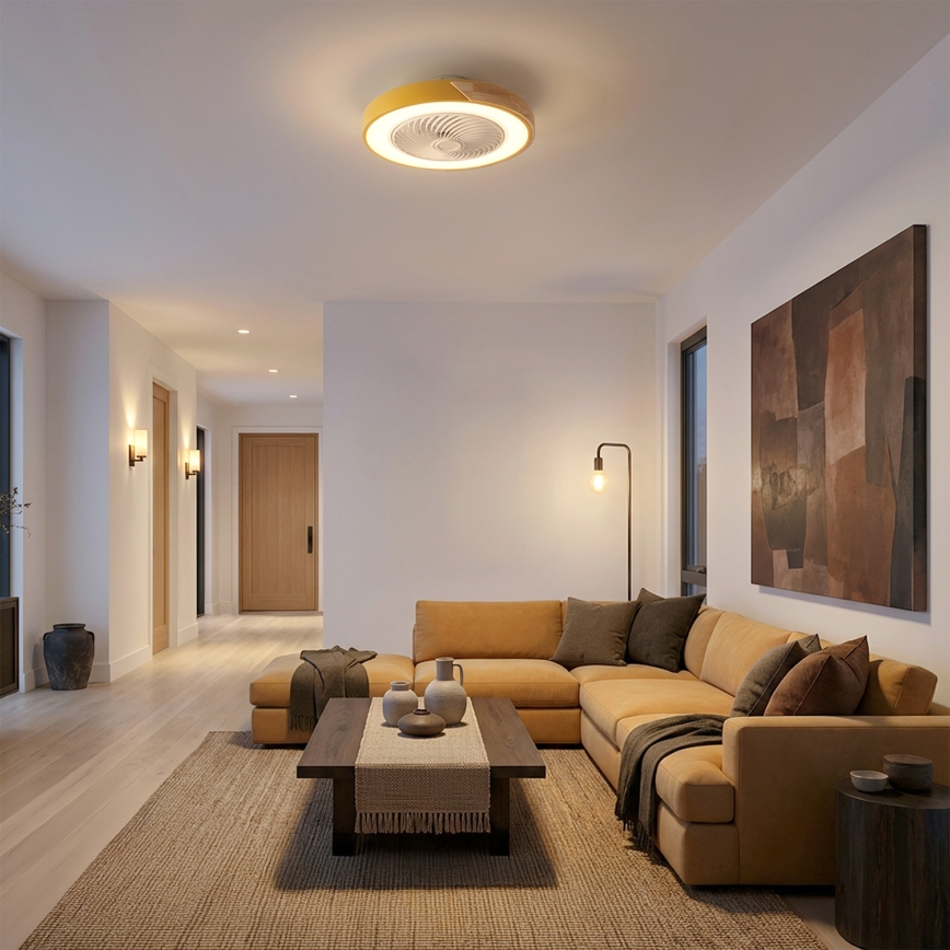 Brilagi - LED Stmívatelné stropní svítidlo s ventilátorem LED/38W/230V 3000-6500K pr. 50 cm zlatá/dub + dálkové ovládání