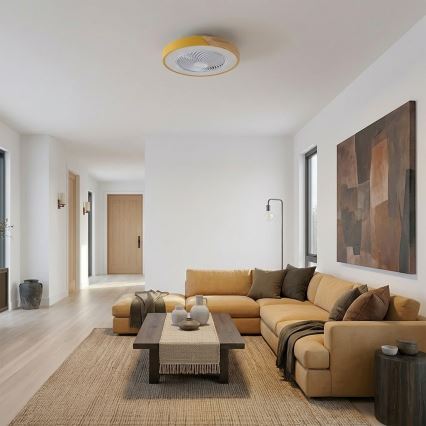 Brilagi - LED Stmívatelné stropní svítidlo s ventilátorem LED/38W/230V 3000-6500K pr. 50 cm zlatá/dub + dálkové ovládání
