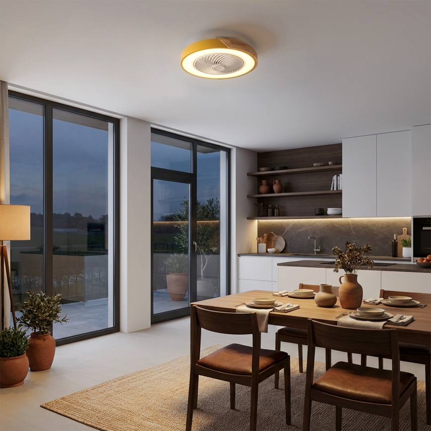 Brilagi - LED Stmívatelné stropní svítidlo s ventilátorem LED/38W/230V 3000-6500K pr. 50 cm zlatá/dub + dálkové ovládání