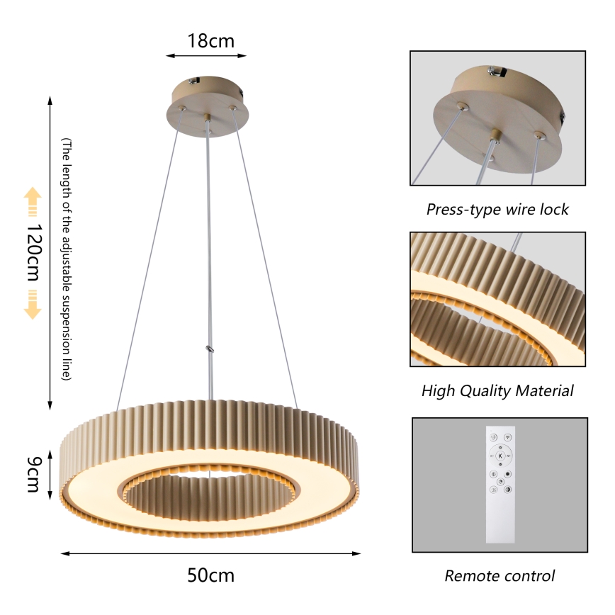 Brilagi - LED Stmívatelný lustr na lanku LUMIX LED/48W/230V 3000-6000K béžová pr. 50 cm + dálkové ovládání